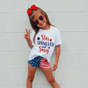 Girls' Patriotic 4th of July Child-Size T-Shirt - Soft Breathable Short-Sleeve Round Neck Loose Fit Top with Flag & Stars Print, Machine Washable Casual Gift, Child-Size Girls' T-Shirts