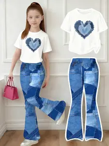 Girls Casual Fashion T-Shirt & Bell Bottom Pants Set, Faux Denim Print Design, Spring Summer Fall, School Outdoor Activities Party Gift, Clothing Sets, Summer Outfits Set