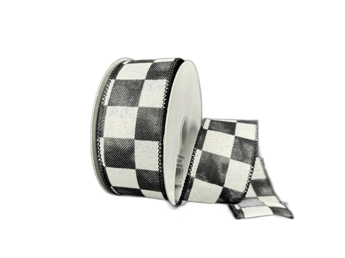 1.5" Ivory Linen Ribbon with Black Watercolor Checks – 10 Yard Roll