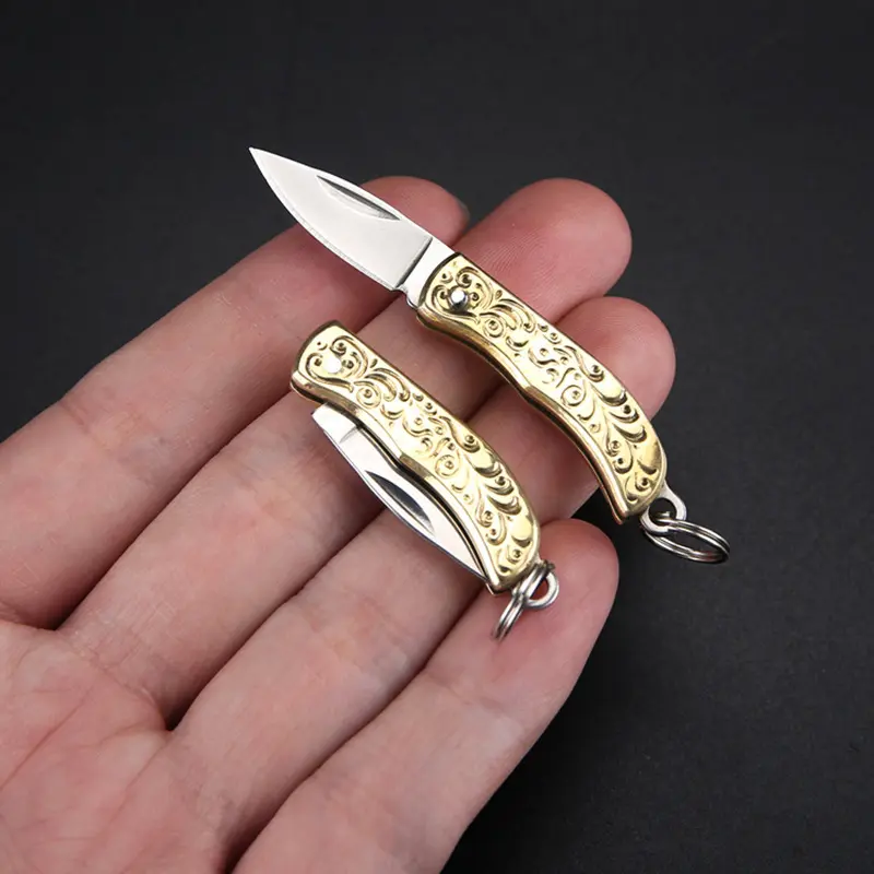 Mini Gold Engraved Brass Folding Paring Knife - Stainless Steel Metal Blade EDC Gear, Compact Utility Tool, Everyday Carry Pocket Keychain Knife for Fruit & Daily Use