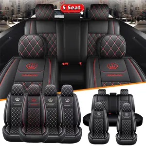front rear full set protector Fully wrapped Crown Embroidery Waterproof PU Leather 5 Seat Car Seat Cover Set Front Rear Full Protection Anti-scratch Easy Clean Wear-resistant