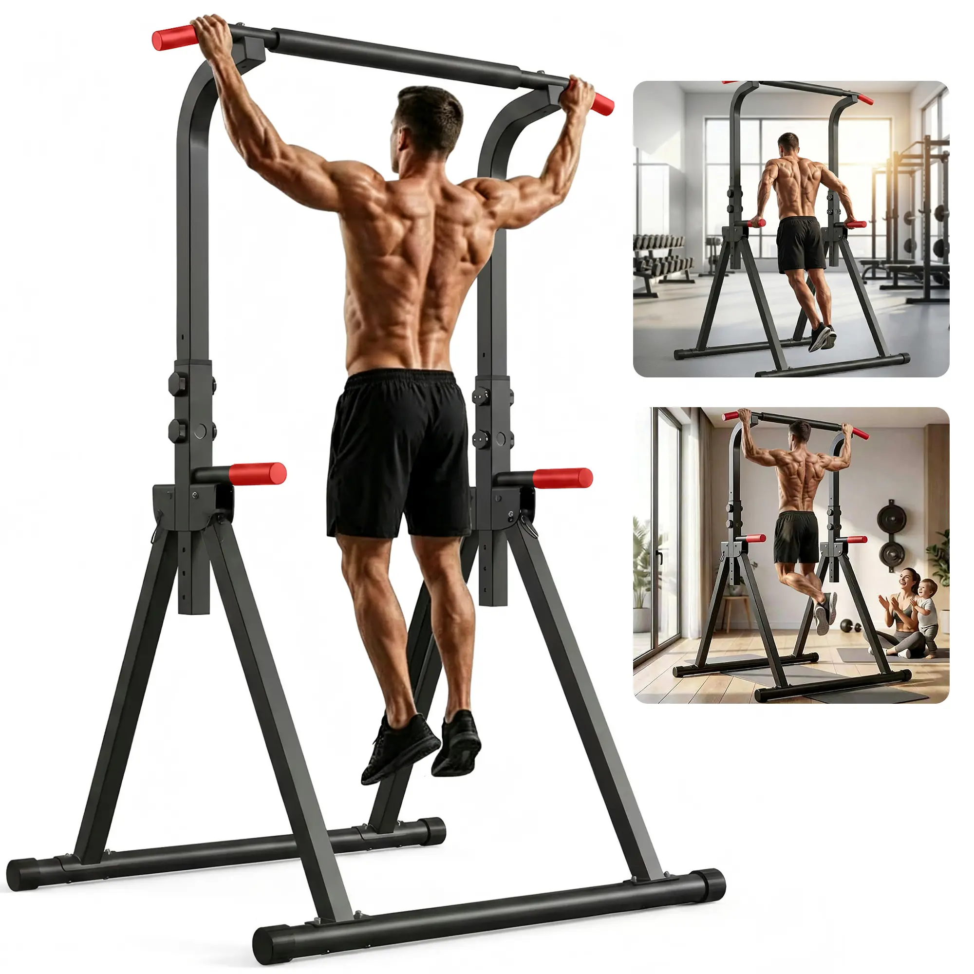 Folding Compact Steel Meat Shredder Machine, 6-Level Height-Adjustable Power Tower with 440 lbs Capacity Pull-Up Bar & Dip Station for Home Gym Strength Training
