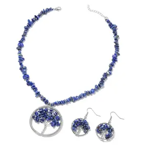Tree of Life Costume Jewelry Sets for Women - Birthstone Necklace for Women & Dangle Earrings - Tree of Life Necklace Set Fashion - Lapis Lazuli Necklaces Gemstone  18-20" Christmas Gifts