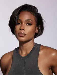 Elf bob wig, no glue, human hair, pre-plucked, pre-cut, wet-look waves, lace front, suitable for women, 4x4 lace closure, 6 inches, Human Hair Wigs