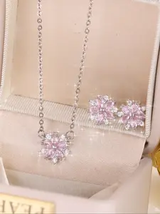 1 set of silver jewelry with pink flower-shaped zircons, sweet dreamy style, Fashionable jewelry set, pink flower designs inlaid with white zircons, suitable for fresh & sweet styles daily wear and dates