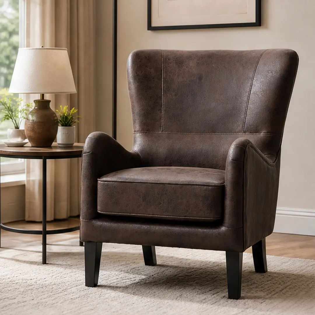 ARCH 28"W PU High Back Accent Chair - 1980s Retro, Classic, Plush, Cozy Ambient Brown Wood Armchair with Solid Wood Legs for Living Room, Bedroom Reading Seat (33.00W x 28.00D x 37.80H in), 1980S Retro Armchairs, Brown Wood Armchairs
