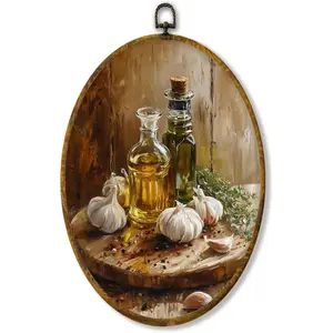 Hiuwevt Vintage Kitchen Oval Wall Art Decor, Rustic Farmhouse Framed Canvas Prints, Rustic Olive Oil with Garlic Food Oval Wall Hanging Decor for Kitchen Dining Room Home Decorations, 8.6x11.4 Inches