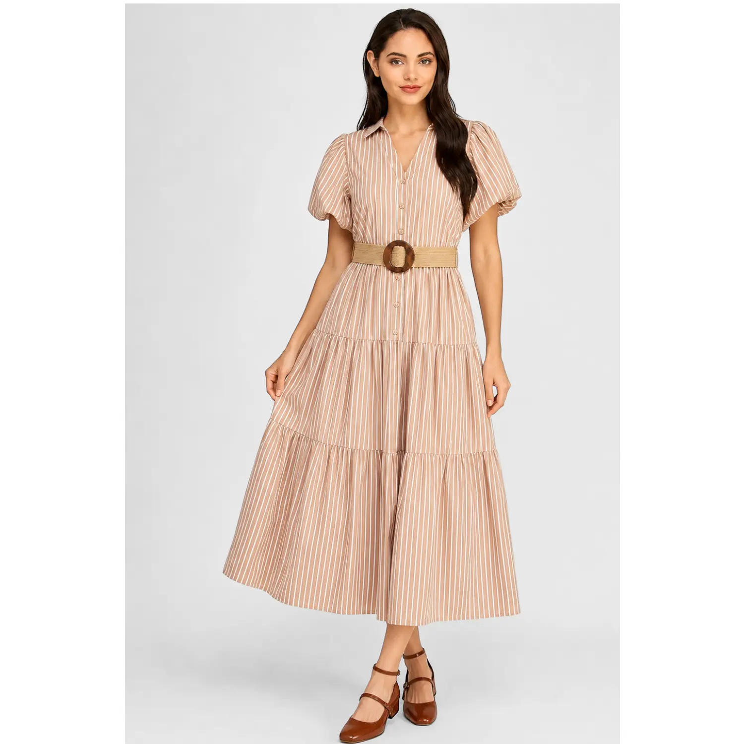 Women's Striped Casual Chic Lightweight Puff-Sleeve Belted Poplin Shirt Dress - Collared, Tiered, Button-Front, Removable Belt, 6pcs Blue and White Stripe Long Sleeve Everyday Casual Dress, Blue And White Stripe Casual Dresses