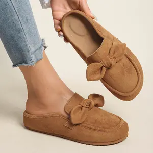 Women’s suede bow-tie mule slippers: slip-on flat casual sandals — comfortable, non-slip, suitable for indoor and outdoor wear