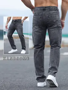 Men's Washed Straight Leg Jeans, Casual Fitted Long Pants, Trendy Leather Print, Pocket, All Seasons Fashion, Plain Pattern, Streetwear, Jeans Bottom