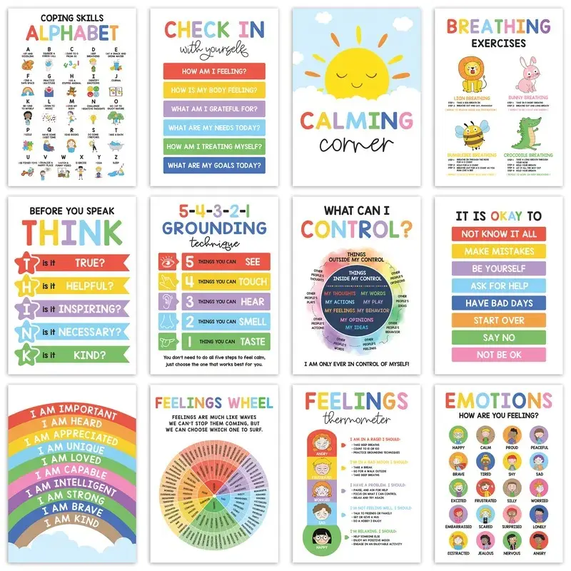 12Pcs 10x14in New Child-Friendly Vibrant Colorful Art Calming Posters - ESL Emotions Chart, Indoor Wall Display, Preschool Classroom Visual Learning Tools, Calming Corner Supplies