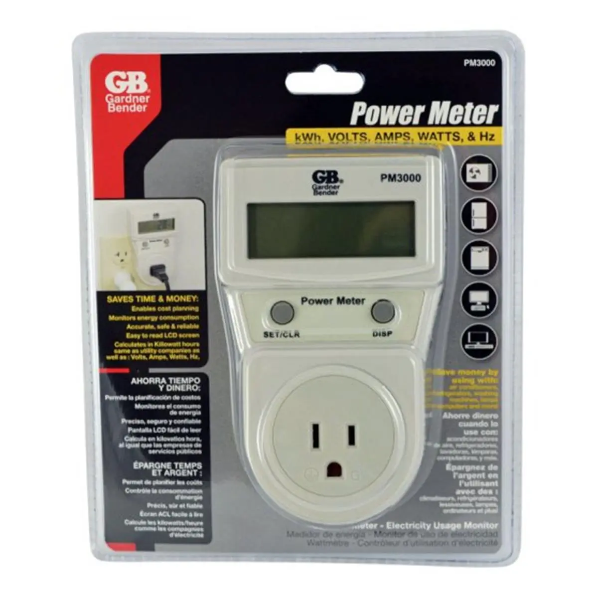 Gardner Bender PM3000 Power Meter Energy Consumption Monitor White, Lcd Screen, Kilowatt Hours