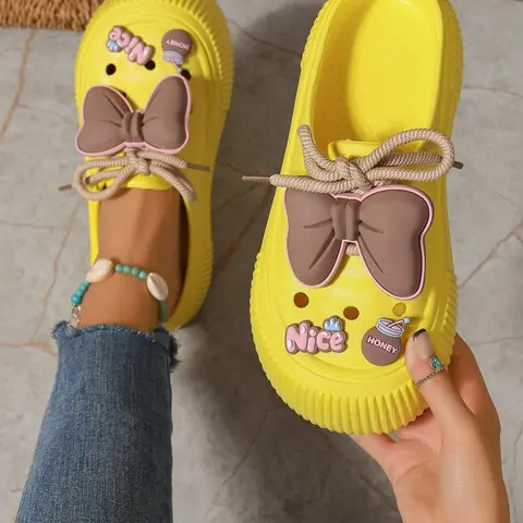 Women's Cute Cartoon Bowknot Design Clogs, Round Toe Slippers, Casual Comfortable Non-Slip Clogs for Summer, Lightweight Breathable Shoes for Beach & Outdoor Wear, Eva Beach Slippers