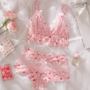 AESKEIA Women's Lingerie Set Pink Lace Sheer Romantic Heart Bow Sexy Three-Point Suspender Crotchless 2pcs Set for Date Night