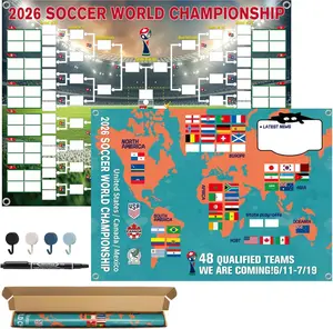 Soccer Match Schedule Poster, 48 Teams Tournament Wall Map & Finals Bracket Showcase, 2-in-1 Double-Sided Write-on Chart, Waterproof PVC Material, Includes Marker & Hooks, Soccer Gifts for Fans