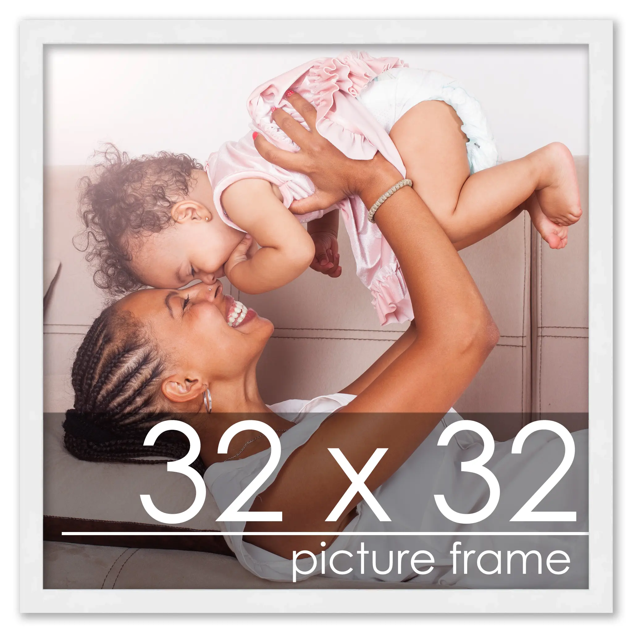 32x32 White Wood Picture Square Frame - UV Acrylic, Foam Board Backing, Hanging Hardware