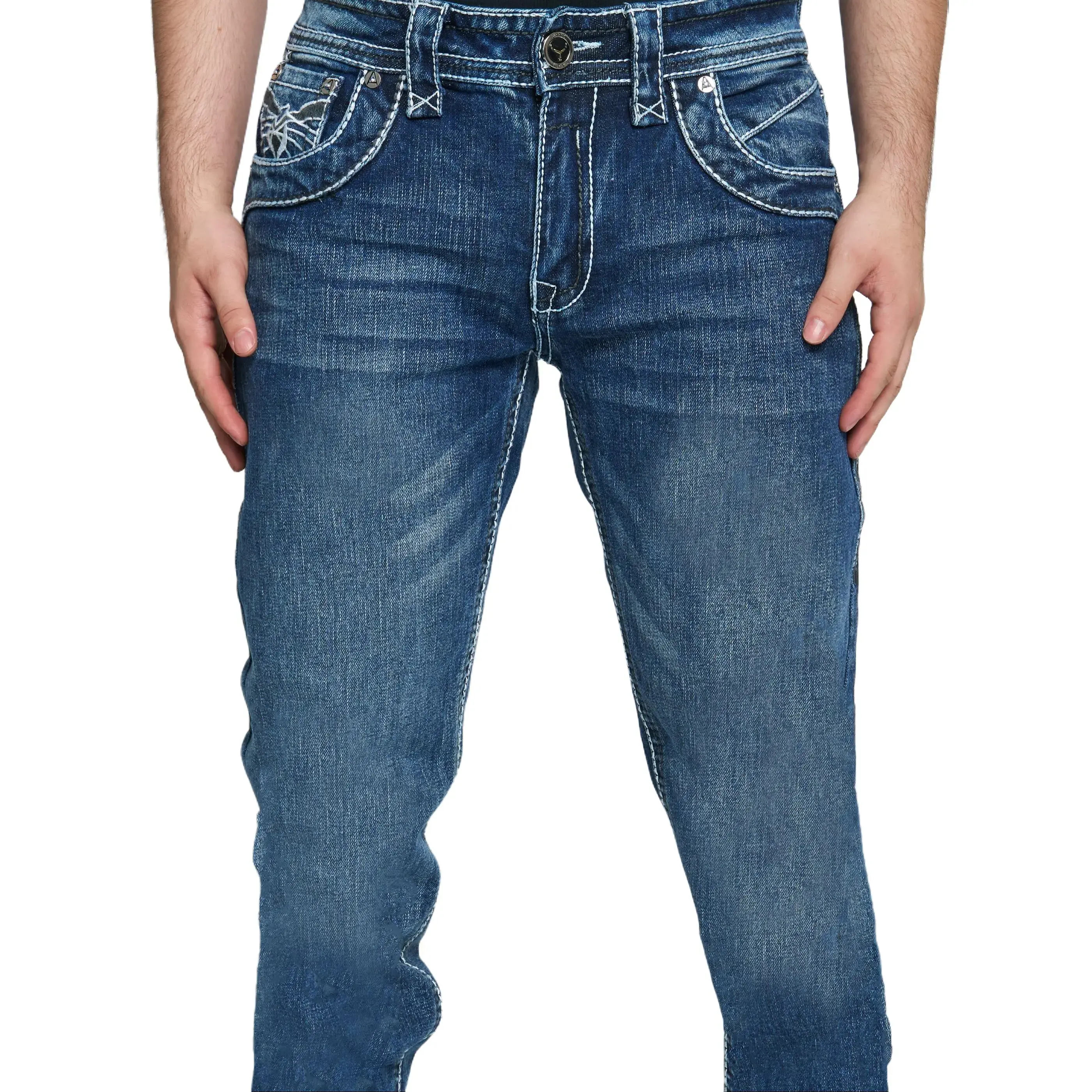 Arya 09 Men's Loose Medium Blue Denim Button-Up Full-Length Jeans with Pocket - Western Elegance, Punchy Western Outfit Menswear Bottoms, Trouser, Pants, Office