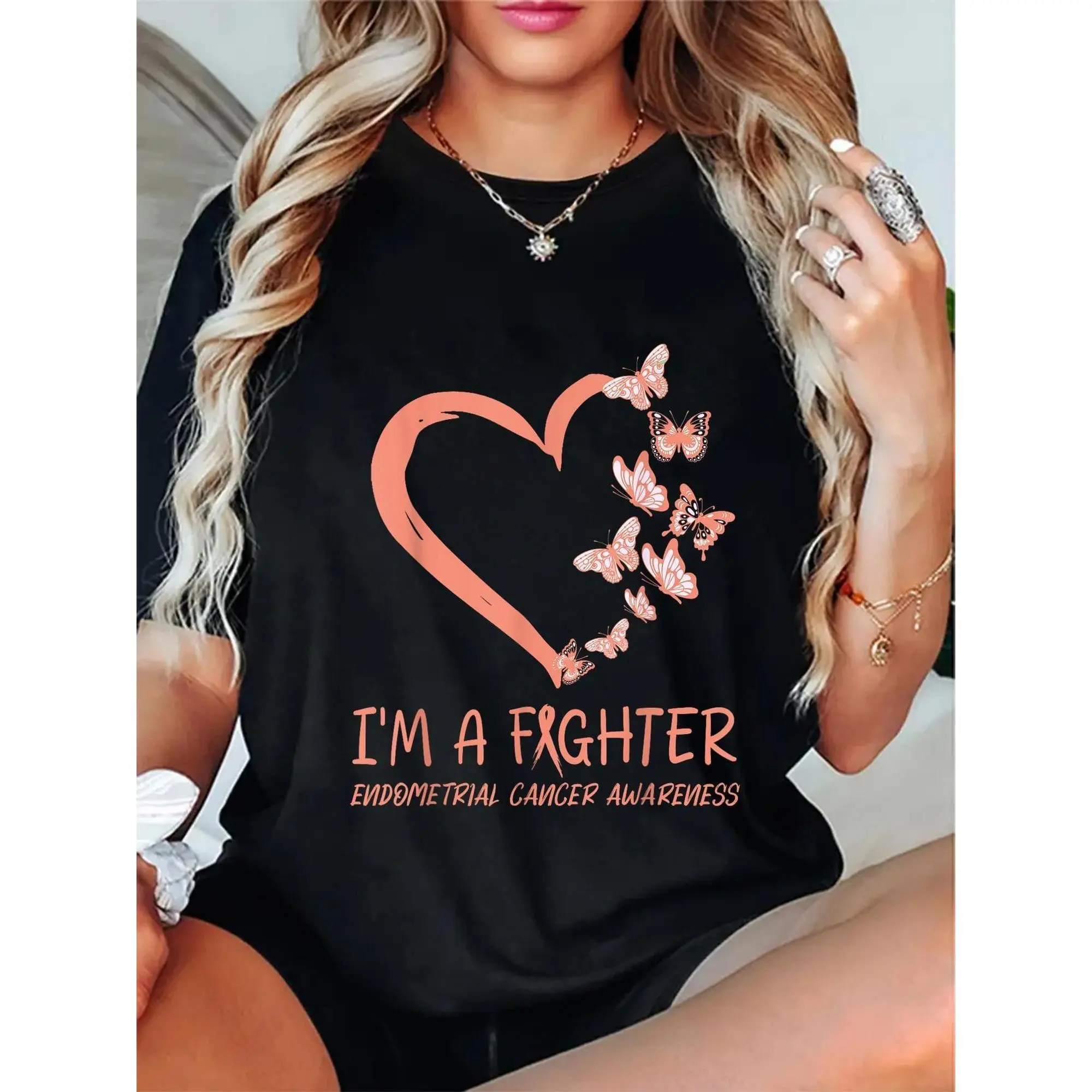 I'm A Fighter Endometrial Cancer Awareness T-Shirt - Black with Pink Heart & Butterflies Design, Unisex Round Neck Short Sleeve Graphic Tee for Women & Men, Casual Fitness Training Apparel, Motivational Clothing, Bold Lettering Style, Comfortable Fit