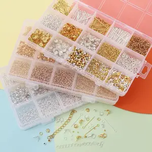 DIY Spacer&Accessories Kit - 15-compartment bead box， Assorted Beads, Charms, and Findings for Jewelry Making in Gold and Silver Finishes