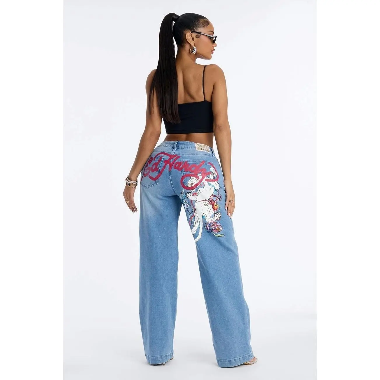 Ed Hardy Lovely Panther Wide Leg Jeans - Light Wash 8
