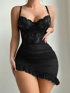 Women's Lace Underwear Set, Lace Lingerie, Sexy Tight-Fitting Ruched Mesh Floral Lace, Contrast Net Design, Comfortable Daily Wear, Ideal Gift