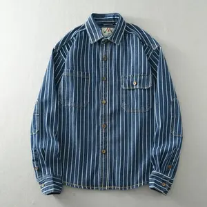 Heavy Vintage Washed Vertical Stripe Denim Shirt Men's Loose Size Cotton Long Sleeve Shirt Jacket Unique Style Quality Fabric Light Blue Fathers Day Gift Menswear Top Casual Soft Comfortable Daily Wear Easy Match Pants Jeans Trendy Look