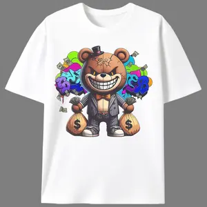 Men's Casual Cotton T-Shirt with Graffiti Bear Print, Crew Neck, Short Sleeve, All-Season Knit Fabric Top, Regular Fit, High Stretch - 180gsm, Outdoor Apparel|Crew Neck Tee|Pure Cotton Shirt