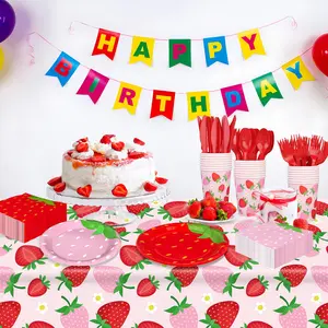 Strawberry Party Tableware Set - Plates, Napkins, Cups & Tablecloth for Birthday & Baby Shower, Pink