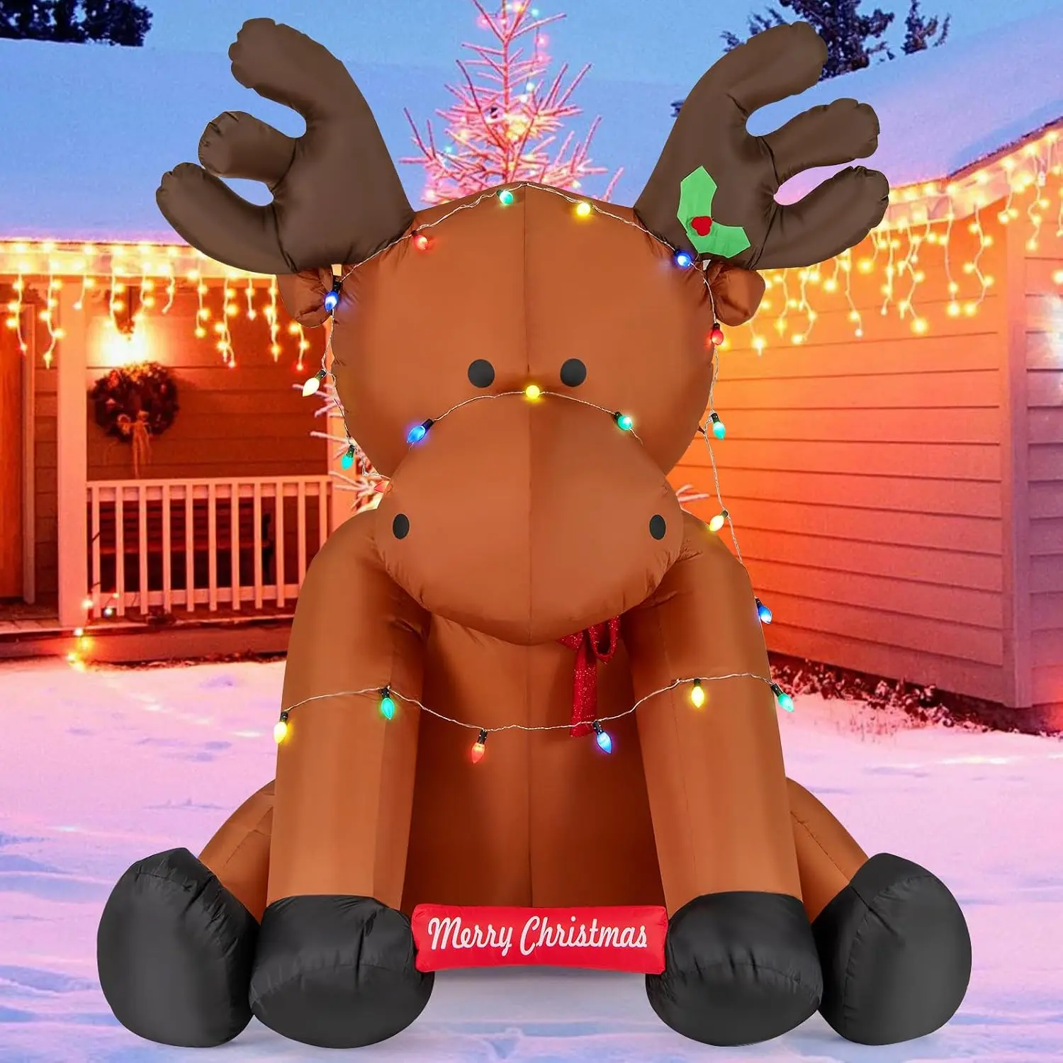 COSTWAY Christmas Inflatables, Multi-Color Lighted Xmas Inflatable Reindeer Sitting on The Ground, Water Bags & Ground Stake, Outdoor Indoor Giant Christmas Decoration for Party Yard Lawn