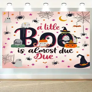 2D Flat, "A Little Boo" -Friendly Halloween Tapestry Wall Hanging - Cute Ghosts, Bats, Witches & Pumpkins with Pink Polka Dots & "Boo" Lettering - Easy Peel & Stick Installation Kit (No Tools), Party, Bedroom Decor - Soft, Tapestries, Halloween Pillow