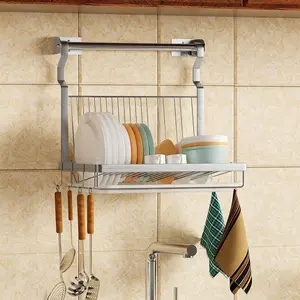 Over Sink Dish Drainer Drying Rack, Stainless Steel Foldable Wall Mounted Dish Racks with Drainboard Hanging Rod and Sponge Holder, Silver Organiser Hangable