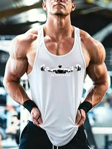 Athleisure Men's Graphic Gym Tank Top, Moisture-Wicking Sleeveless T-Shirt for Gym Workouts, Light Hiking, Urban Streetwear & Daily Casual Wear, Trendy Barbell Print Y-Back Muscle Tee with Stretchy Comfortable Fit, Style Meets Function Gym Wear Slim Fit