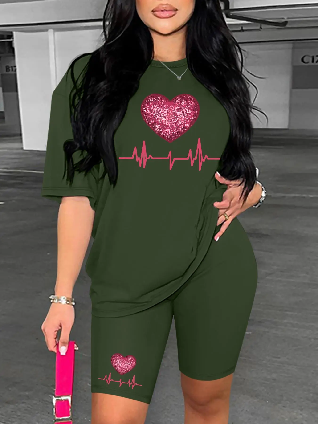 Women's Love Heart Print Crew Neck Tee & Skinny Shorts, Casual Fashion Cozy Breathable Outfits for Daily Outdoor Wear, Ladies Clothes for Spring & Summer, Suits, Short Sets