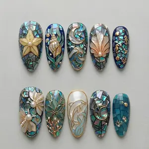 Handmade Ocean Mosaic Mother of Pearl 3D Sculpted Press On Nails | Luxury Nautical & Sea Life Art | Unique Mermaid Aesthetic - Dolphin