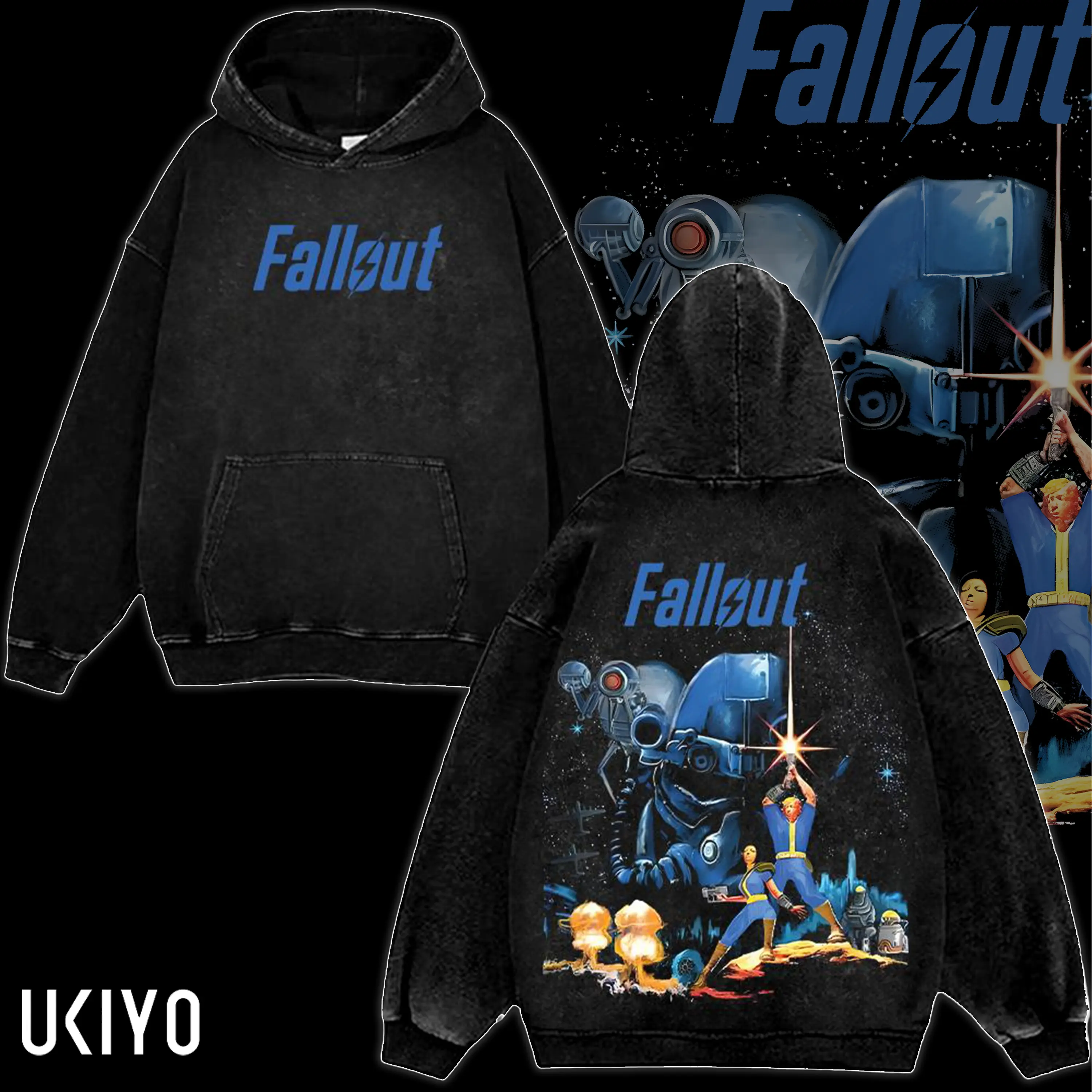 Fallout 4 New Vegas Washed Hoodie Unisex T-Shirt Sweatshirt Heavyweight Cotton Graphic Hoodie Vintage Retro Gaming Black Streetwear Top Oversized Clothes