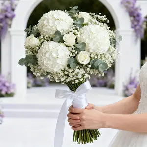Elegant White Artificial Flower Bouquet Hydrangea Rose Baby's Breath Eucalyptus Artificial Flower Arrangement