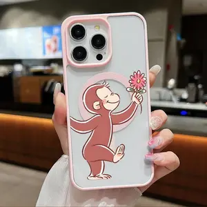 Curious George Floral Illustration Clear Magnetic Phone Case , Compatible with MagSafe Silicone Bumper Protective Cover For iPhone 11 12 13 14 15 16 17 Pro Max Plus Air.QXE283.designer,case Smartphone Protection Cellphone Screen Protector