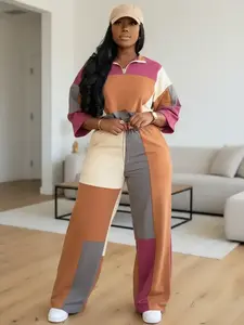 Two-piece Set Women's Colorblock Zip Up Jacket & Wide Leg Pants, Casual Fashion Cozy Breathable Oufits for Daily Outdoor Wear, Ladies Clothes for Spring