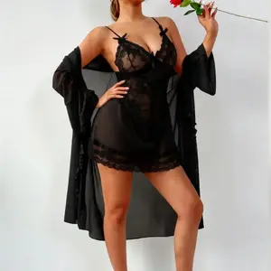 2 Pcs Lingerie for Women Lingerie Set Sexy Lace Strap Chemise Sleepwear Mesh Nightgown