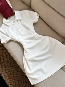 Elegant Women's Solid Color Lapel Short Dress, Simple Fashion for Daily Wear, Women’s Polo Collar Bodycon Dress    Short Sleeve Tennis Dress  Minimalist Style, Perfect for Casual