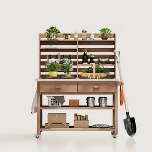 K&K 64.9"H Outdoor Potting Bench Table with Lockable Wheels, Solid Wood Outdoor Kitchen Island with Upper Hutch, Stainless Steel Top, Towel Rack ,Outdoor Storage for Grilling, Lawn Garden -Brown
