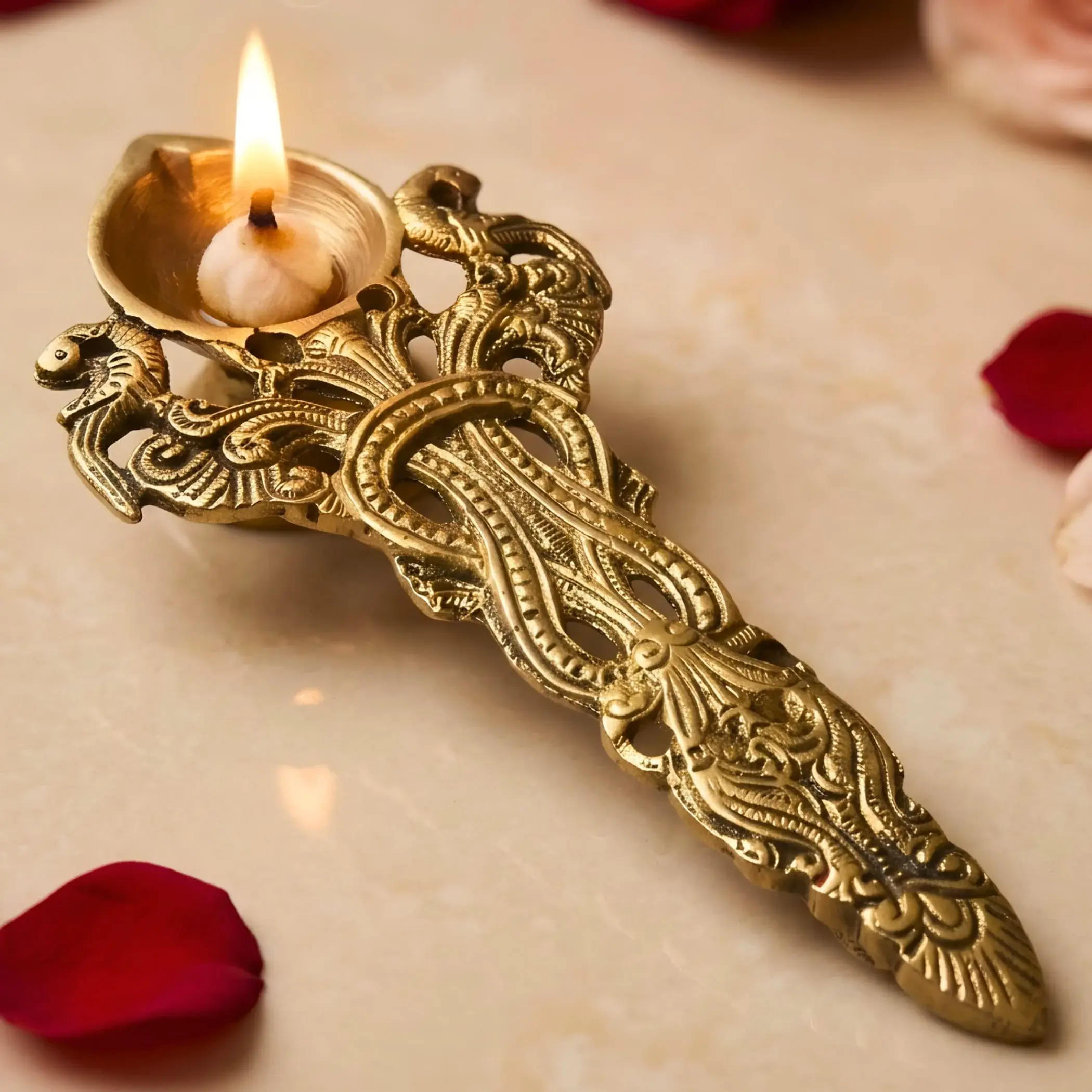 Sacred Twin Peacock Diya Spoon | Elegant Brass Finish for Diwali, Pooja, Hawan | Perfect Wedding Return Gift | Traditional Indian Aarti Decor