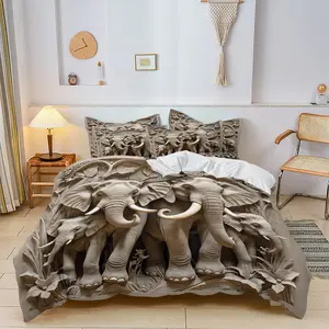Three-Piece Carved Elephant Pattern Printed Bedding Set, Includes 1 Fitted Sheet and 2 Pillowcases, No Fillers Included, Bed Sheet Sets