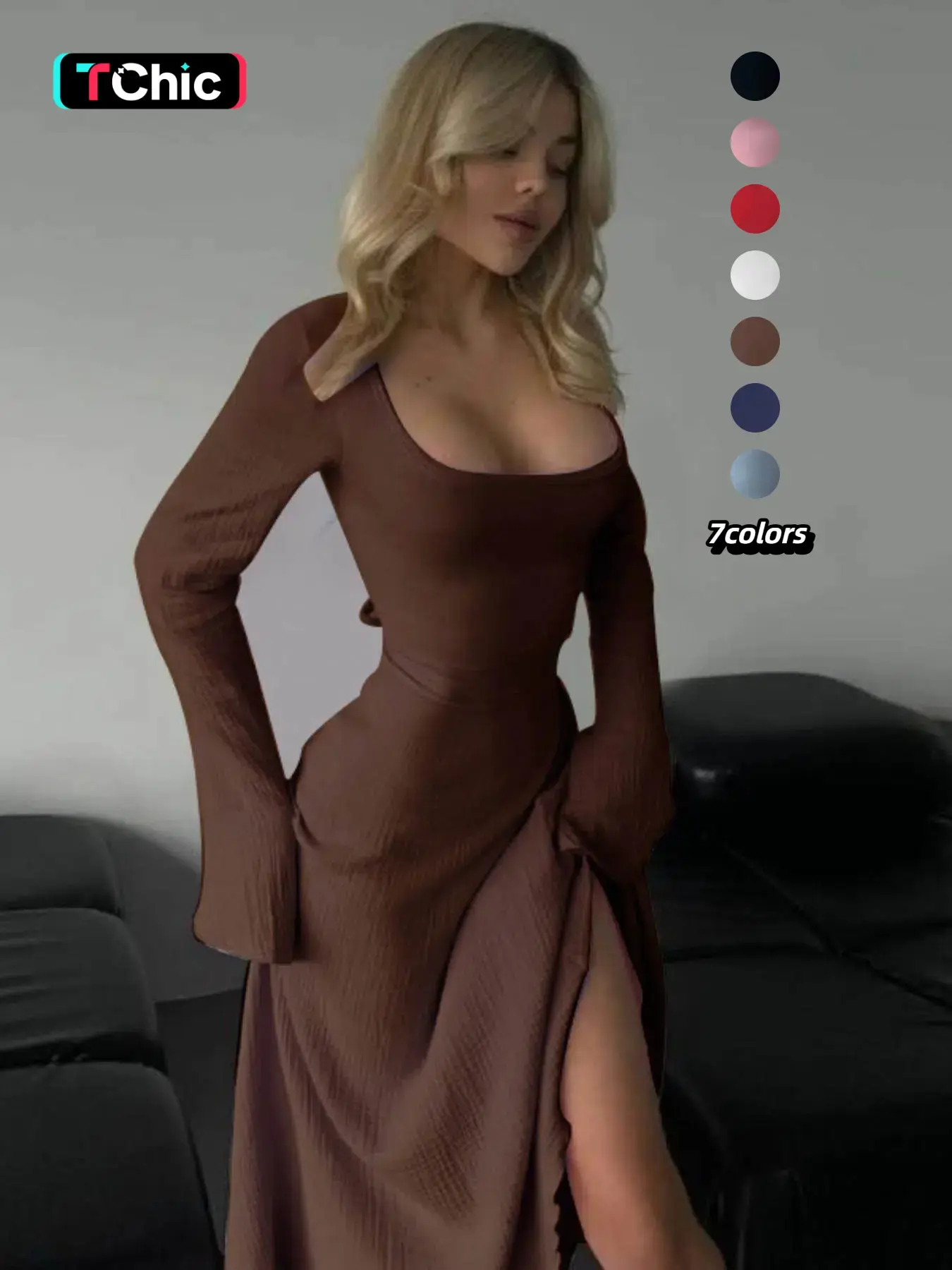 Women's Plain Lace Up Flounce Sleeve Midi Length Dress, Elegant Chic Aesthetic Square Neck Long Sleeve A Line Dress for Spring & Fall, Women's Clothing for Daily Wear, casual wear, Everyday, Womenswear, Basic, Lady, Fit