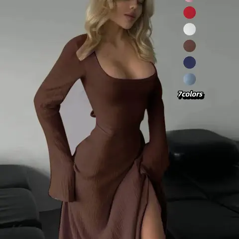 Women's Plain Lace Up Flounce Sleeve Flowy Dress, Elegant Chic Aesthetic Square Neck Long Sleeve A Line Dress for Spring & Fall, Women's Clothing for Daily Wear, casual wear, Everyday, Womenswear, Basic, Lady, Fit