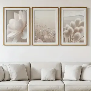 3 Pieces Beige Floral Pattern Art Prints, White Peony Pampa Grass Wall Mural, Nostalgic Art, Creative Handmade Gallery Decor, Soft Tone Painting, Wall Decor for Living Room, Bedroom and Studio, Framed or Unframed.