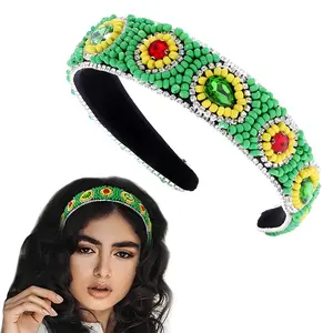 Boho Beaded Headband Green Beads Headbands Crystal Padded Hair Hoops Rhinestone Hair Accessories for Women and Girls