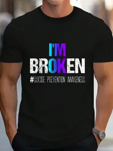 100% Cotton I'm Broken Teal & Purple Ribbon Suicide Prevention Awareness T-Shirt Women's Men's Graphic Tee Crew Neck summer vacation Tops