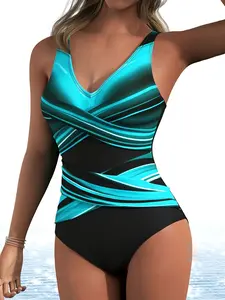 Women's Plus Size Striped Gradient Print Crossbody Bag One-Piece Swimsuit, Casual Fitted Tummy Control Swimwear, Summer Beach Wear