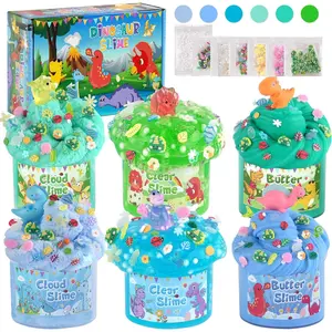 6 Pack Dinosaurs Slime Kit for Kids - Cloud, Butter, Clear Slimes with Glow in The Dark Add-ins, Green & Blue Dino Slime, Super Soft and Non-Sticky, Birthday Party Favor for Boys & Girls